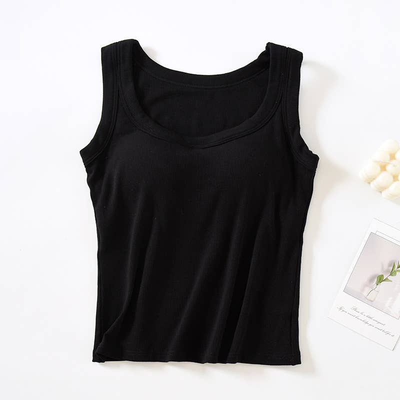 Semi sweetheart built-in bra rib knit basic tank top: Black