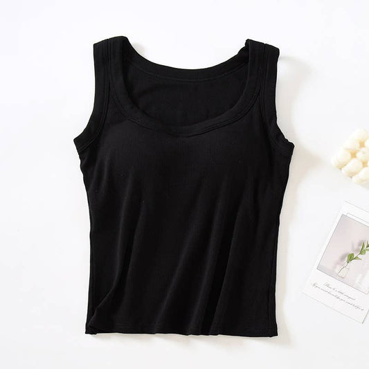 Semi sweetheart built-in bra rib knit basic tank top: Black