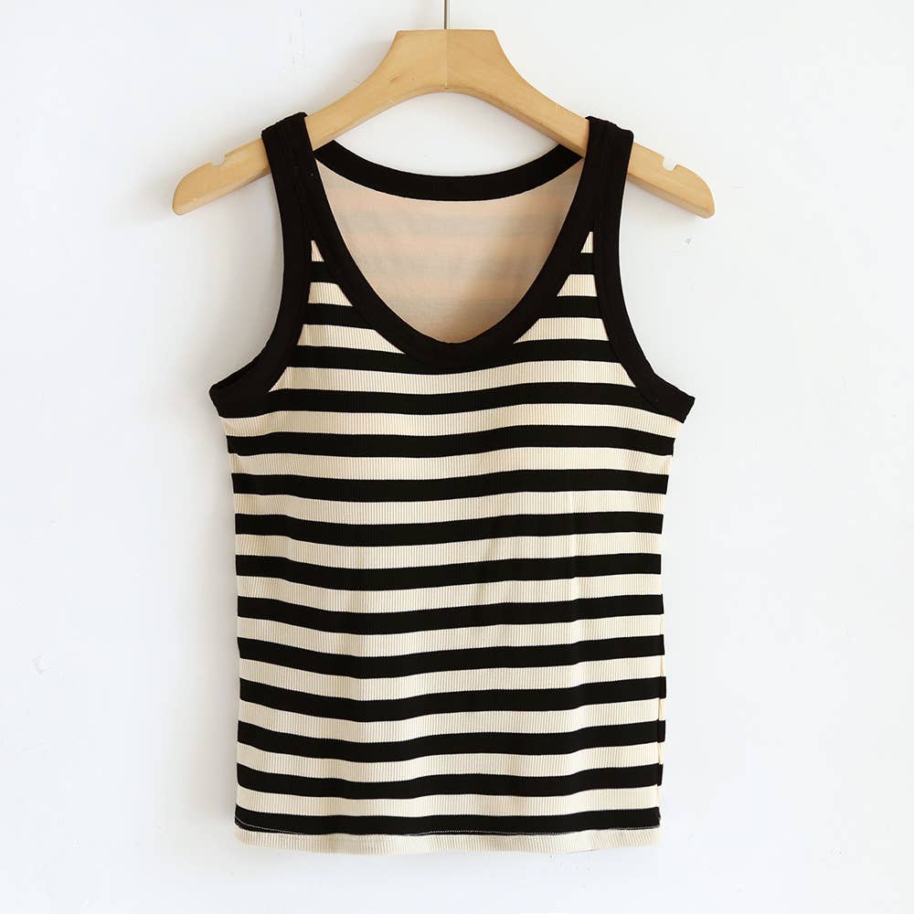 Contrast stripe scoop neck built-in bra tank top: Black