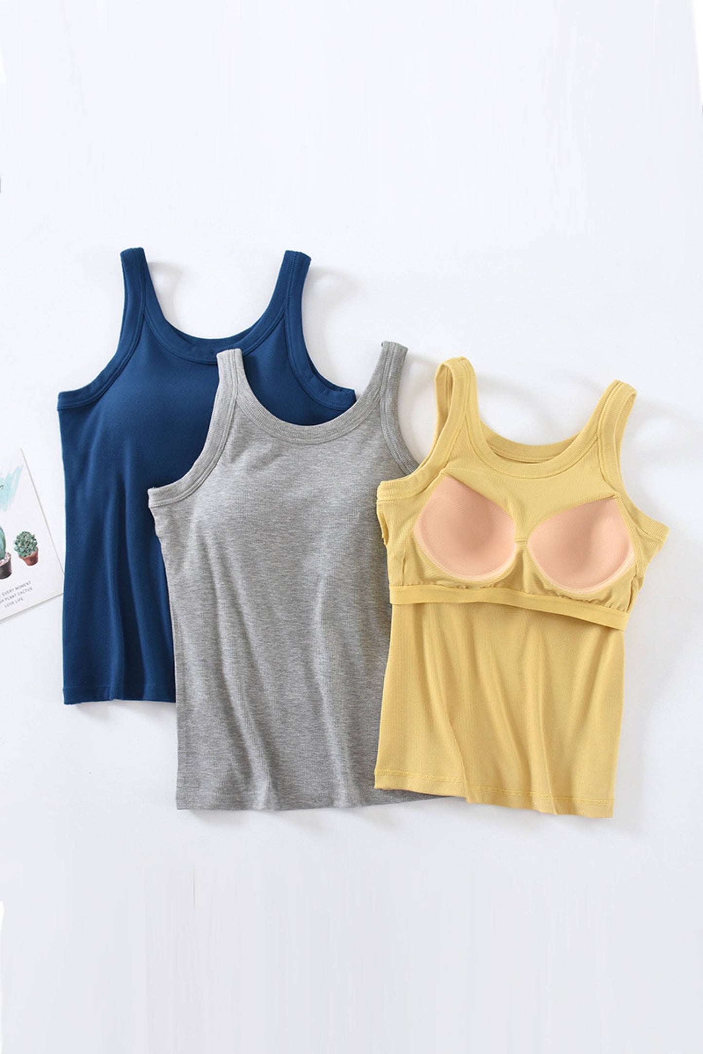Athleisure built-in bra rib tank top: Yellow
