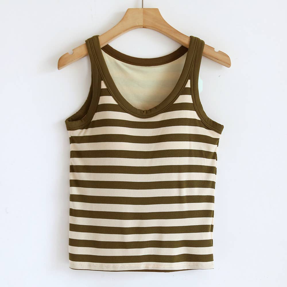 Contrast stripe scoop neck built-in bra tank top: Olive