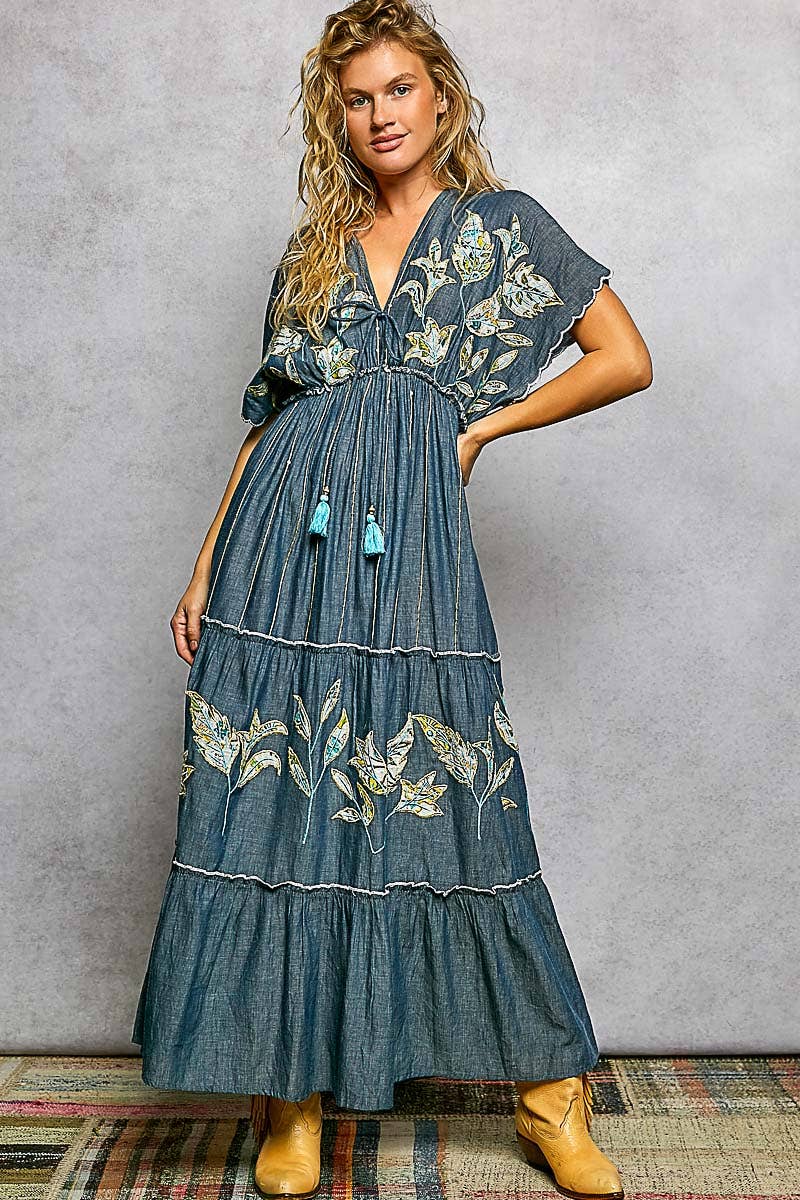 Embroidery Ruffle Neck Loop Cotton Denim V-neck Long Dress : DEEP DENIM