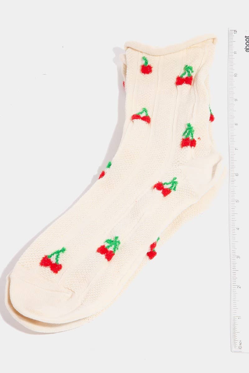 Intricate Cherry Embroidered Beige Socks: Beige