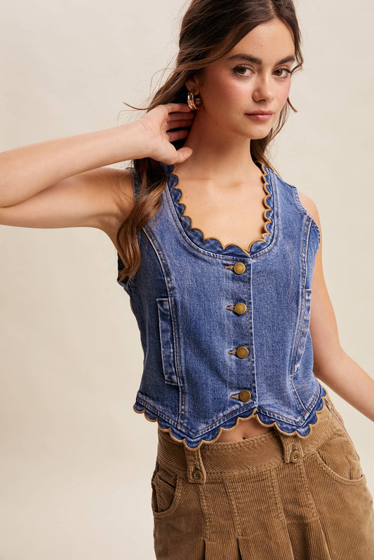 Scallop Trim Stretch Denim Vest Drift Blue