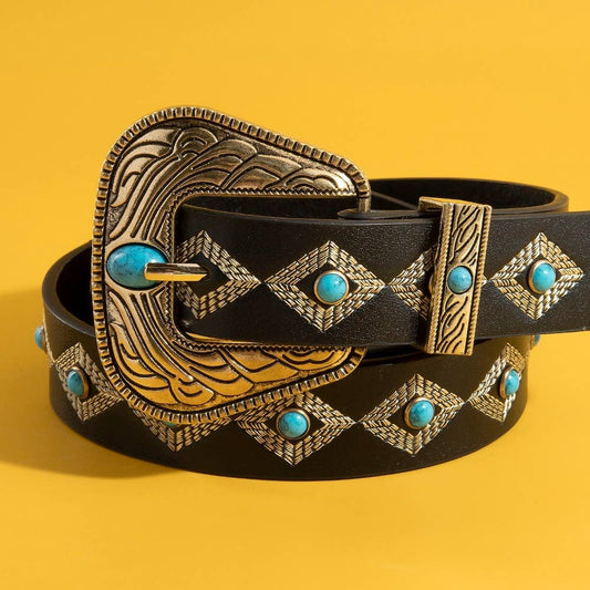 Western Embroidered Buckle Pattern Faux Leather Belt Gold