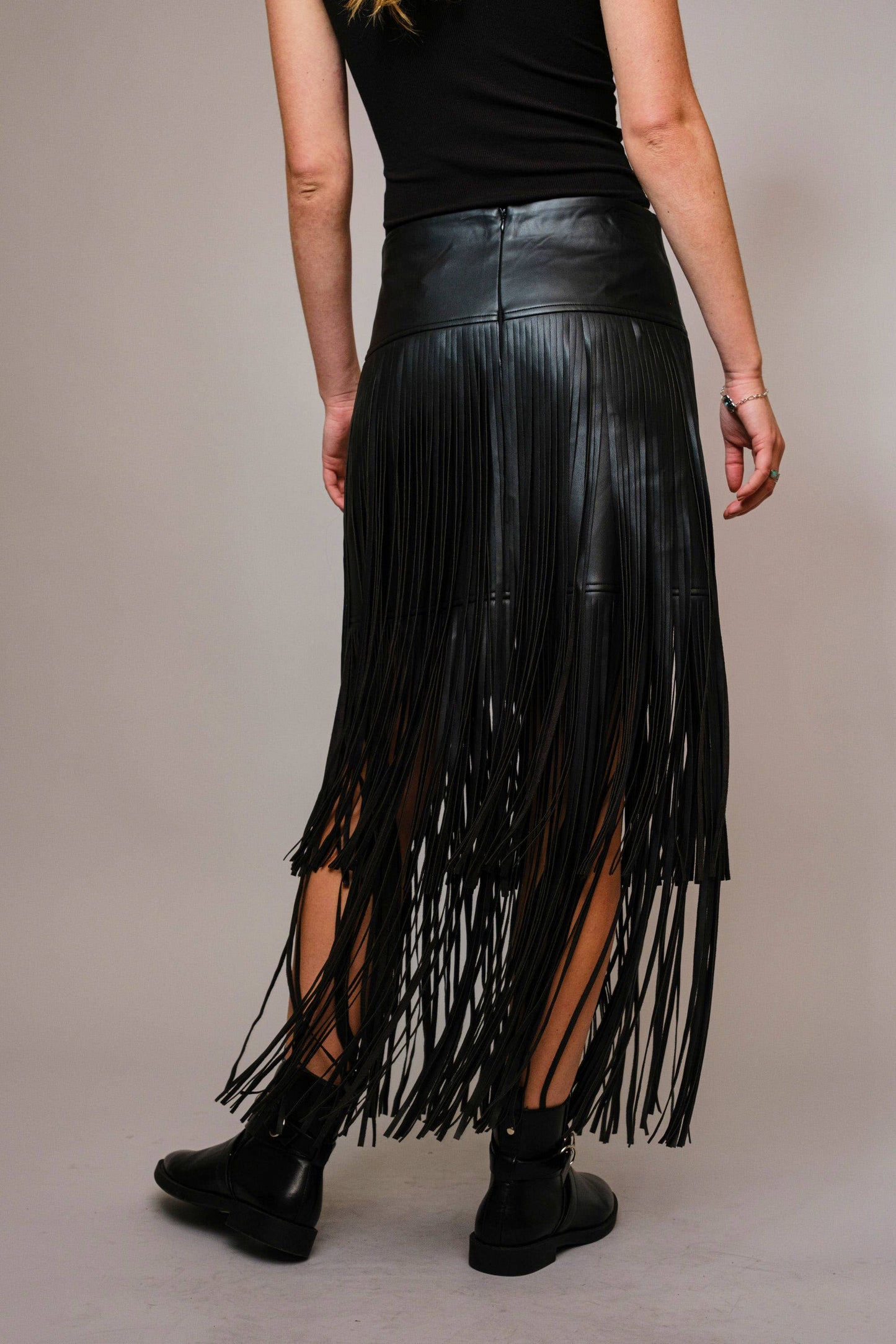 Faux Leather Tiered Fringe Maxi Skirt: Black