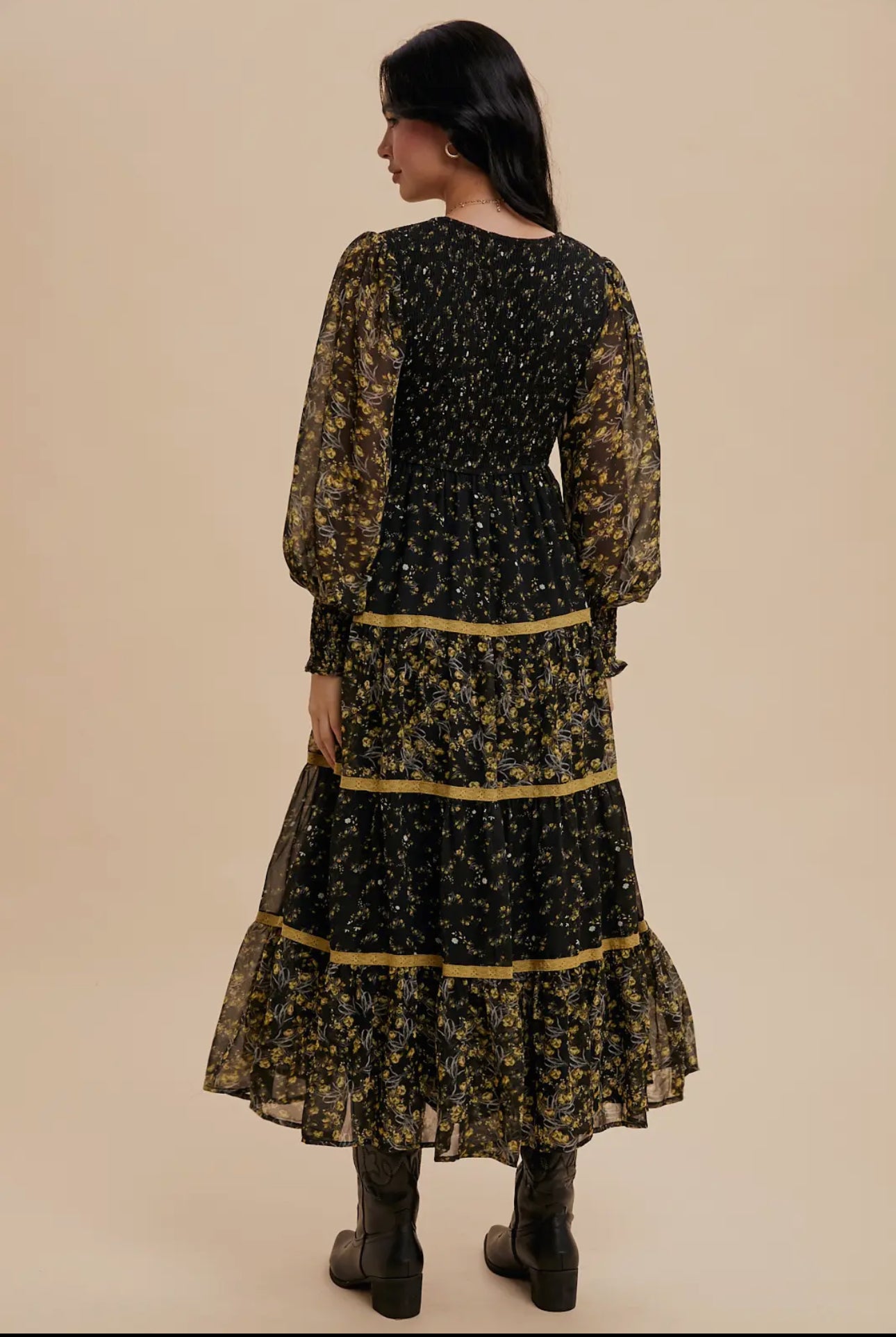 Mixed Media Smocked Floral Maxi