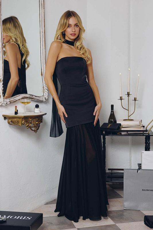 FITTED BODICE WITH FLOWING SKIRT GOWN: BLACK / L