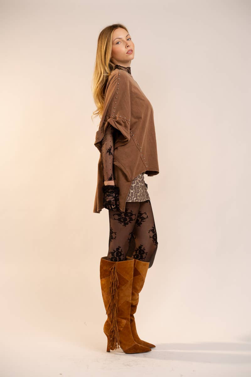 Garment Washed Roll Up Sleeve Studded High Low Tee