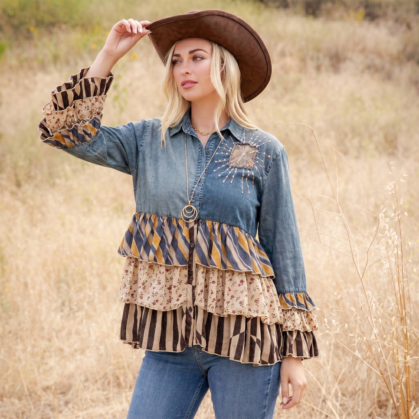 Vintage Boho Denim Yoke Patchwork Tiered Tunic Top