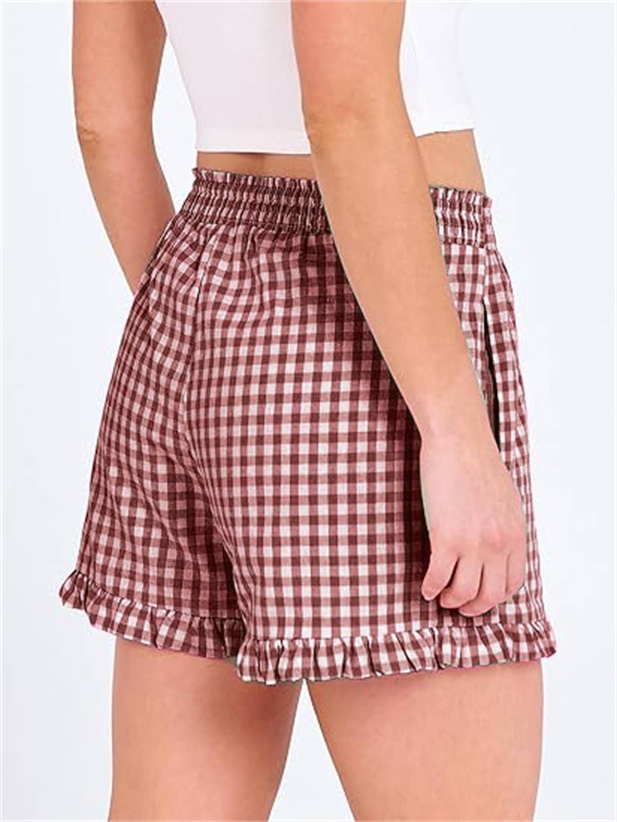 Beach Check Print Shorts Ruffle Casual Shorts: Red