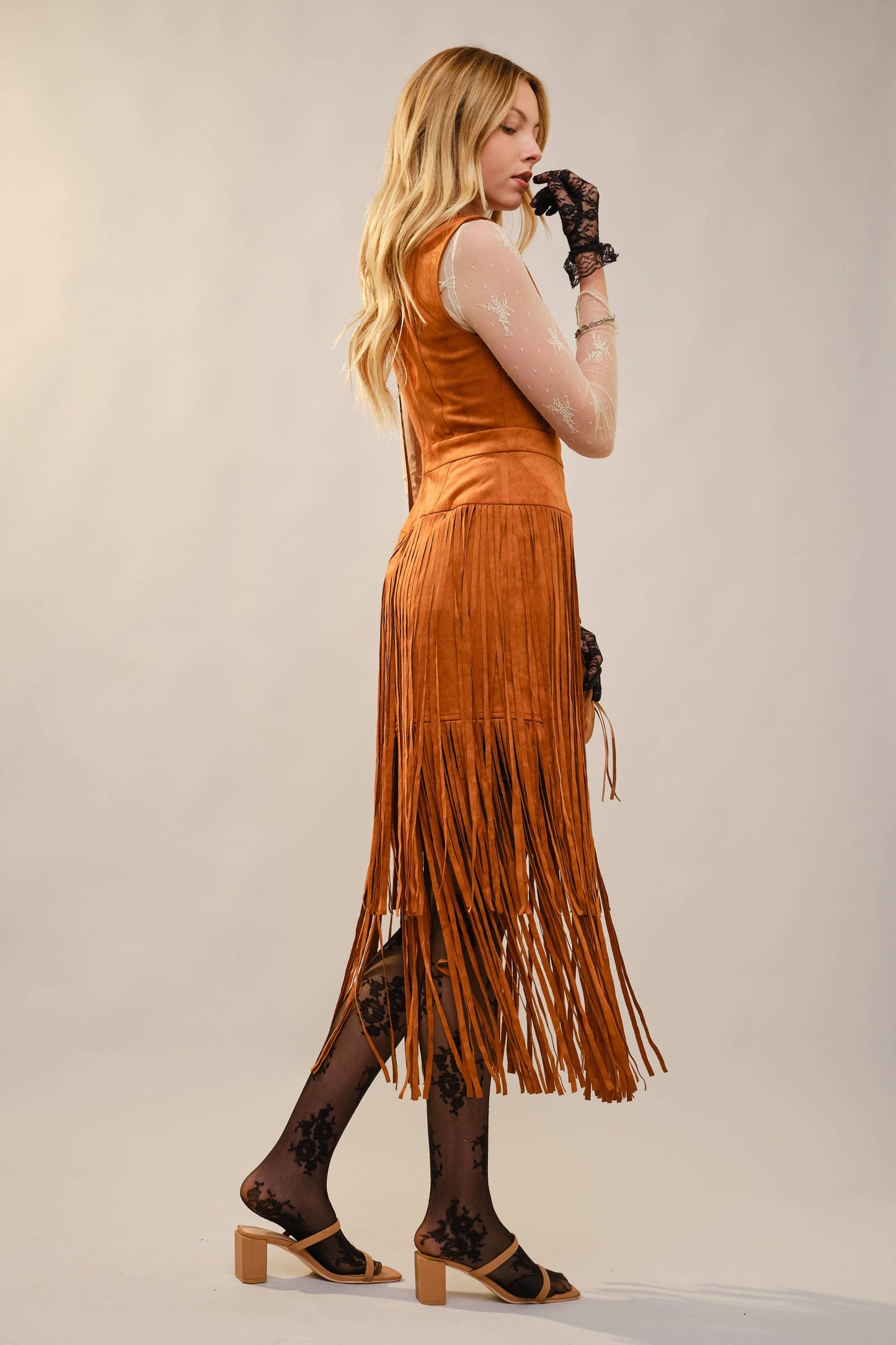 Suede V-Neck Fringe Tiered Dress: CAMEL