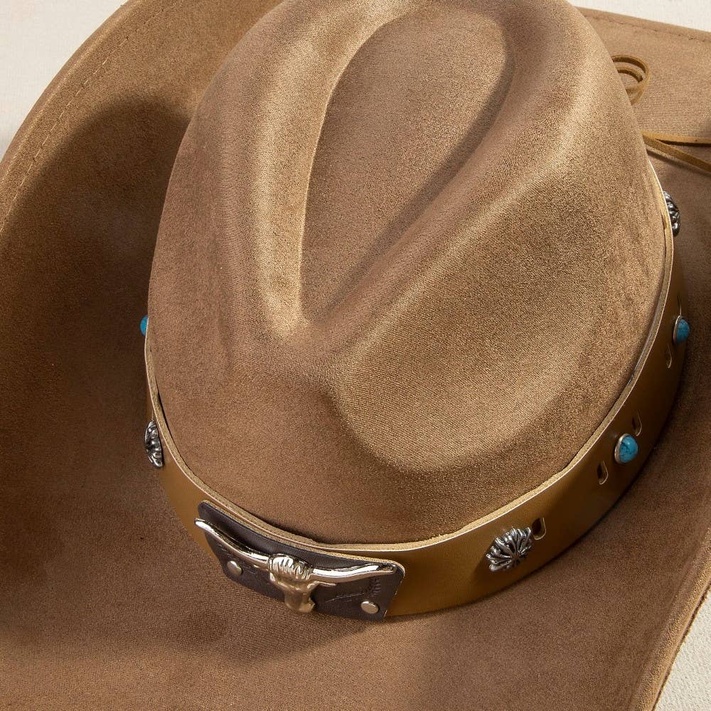 Western Bull Head Concho Accent Leather Strap Suede Cowboy