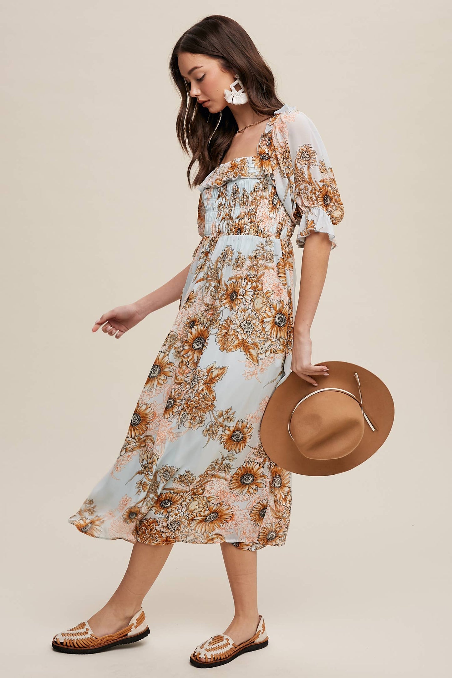 Floral Smocked Midi Dress: Butter Scotch