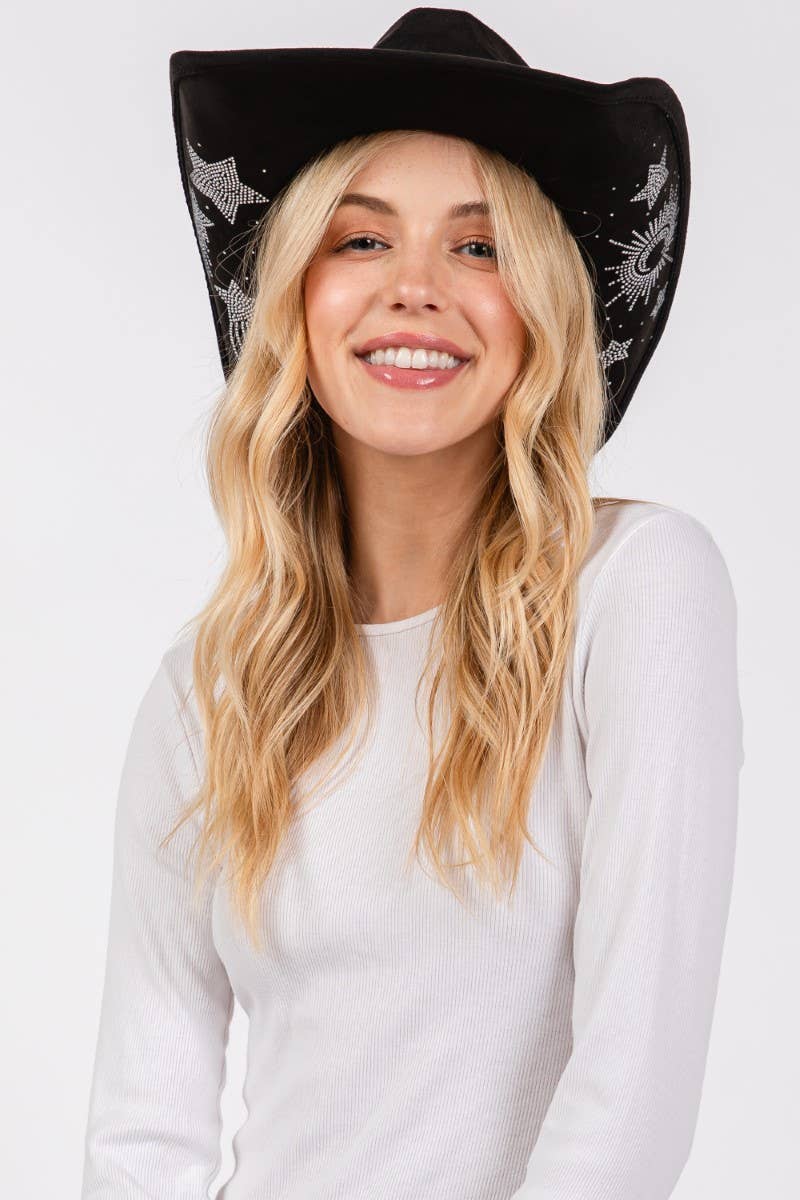 Rhinestone Moon And Star Embroidered Cowboy Hat Black
