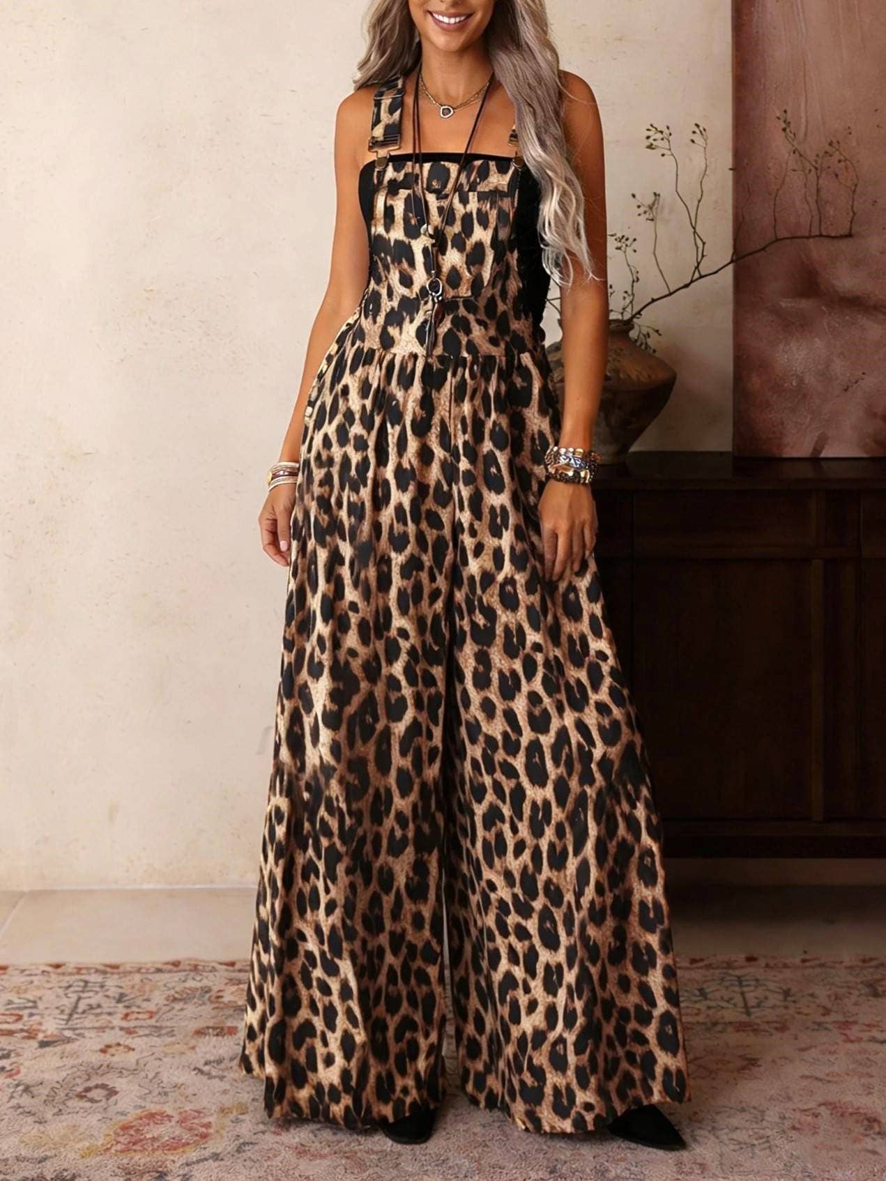 Retro Western Leopard Print Adjustable Strap Jumpsuit: Leopard
