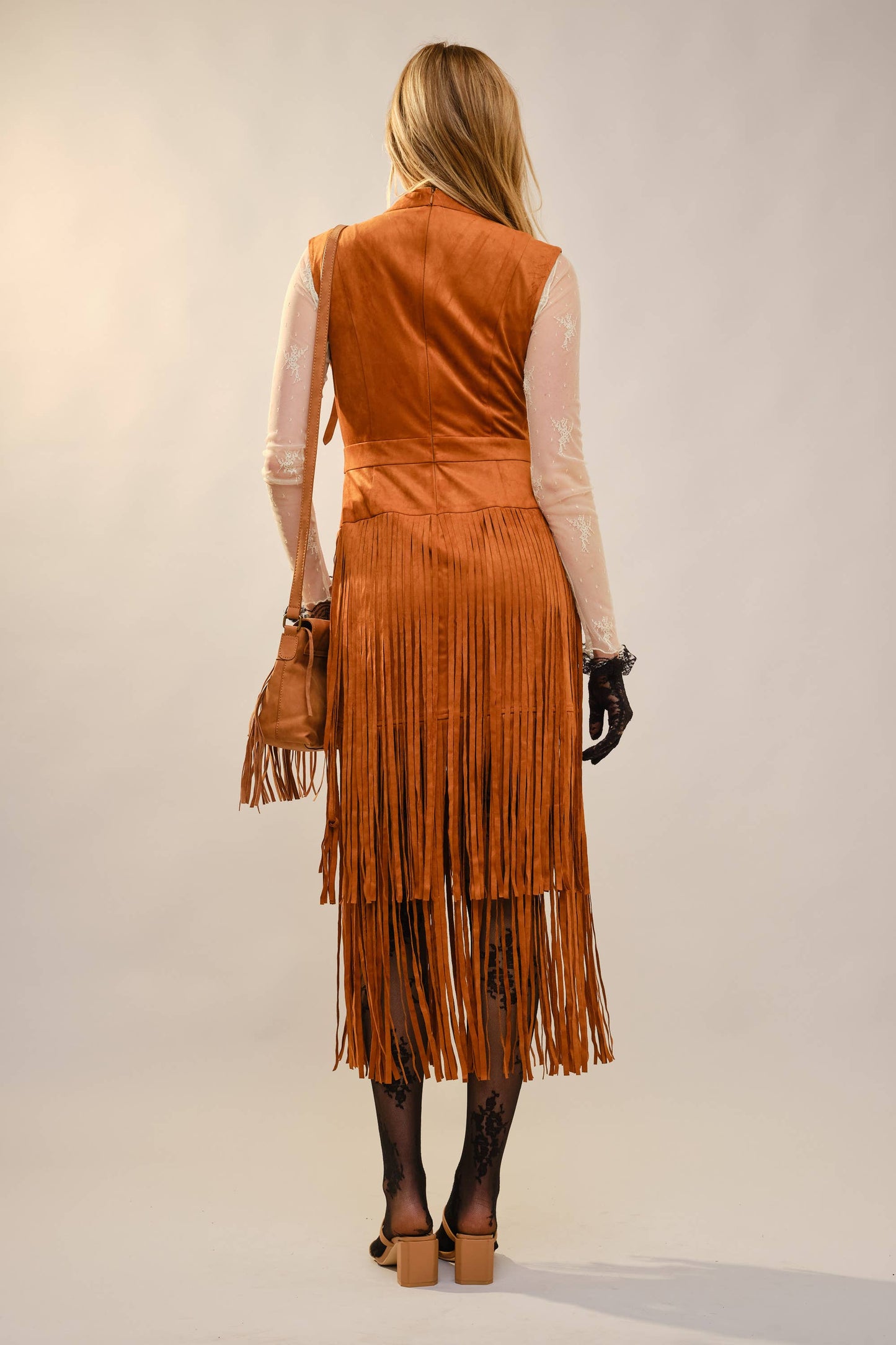 Suede V-Neck Fringe Tiered Dress: CAMEL