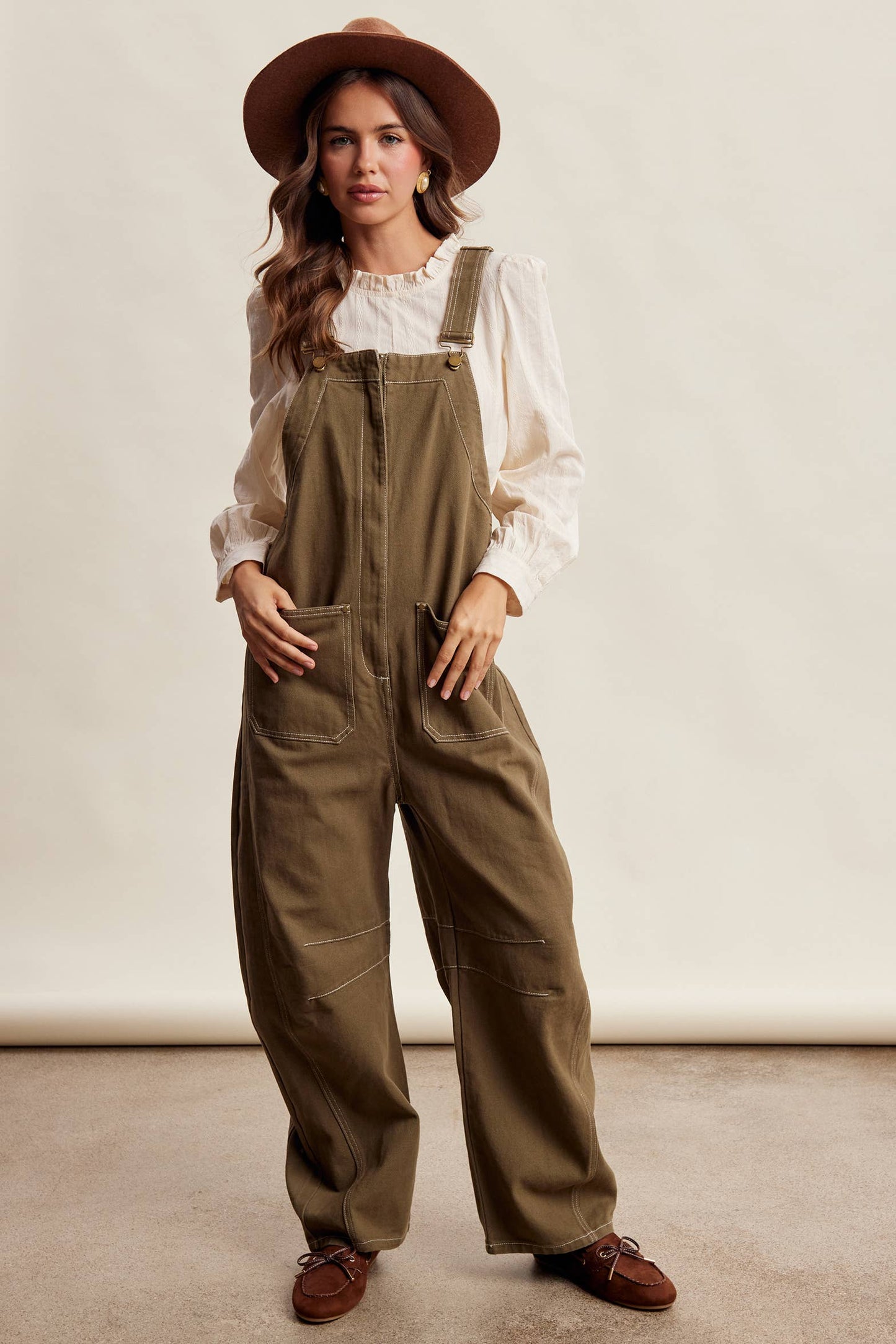 Barrel Leg Utility Overall Jumpsuit: Olive