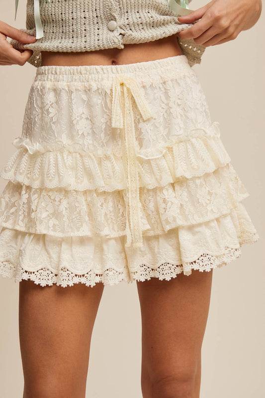 Lace Tiered Shorts with Ruffle Details: Cream