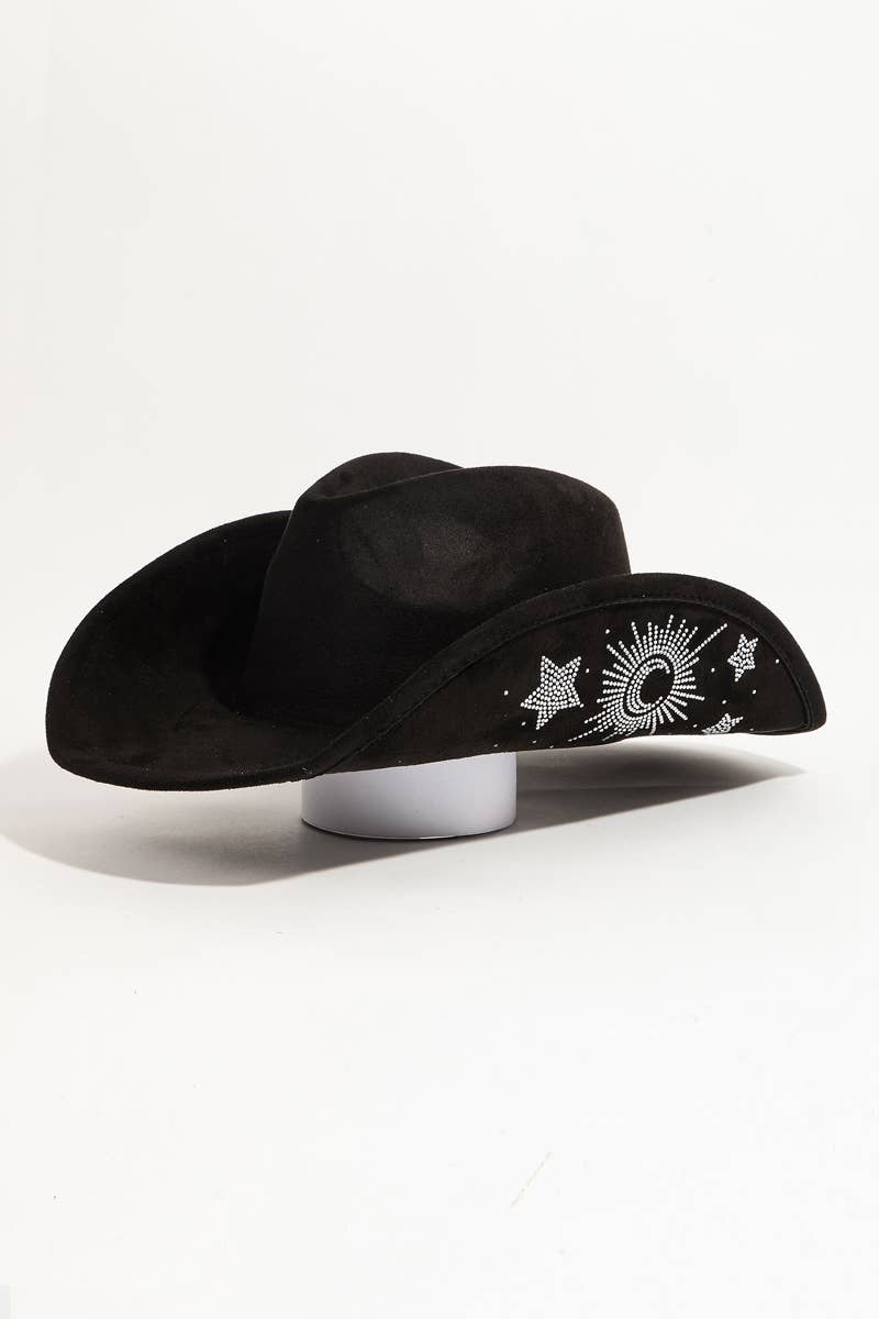 Rhinestone Moon And Star Embroidered Cowboy Hat Black