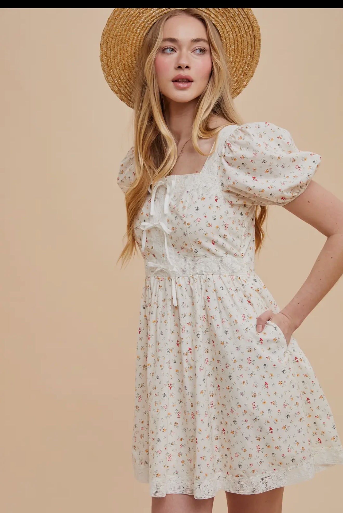 Cotton Floral Bow Mini Dress