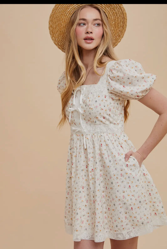 Cotton Floral Bow Mini Dress