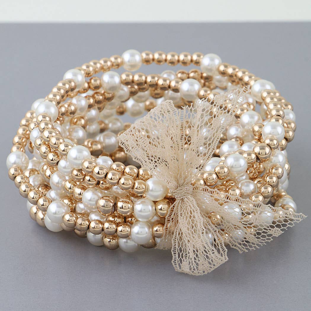 Lace Ribbon Pearl Beaded Bracelet Set