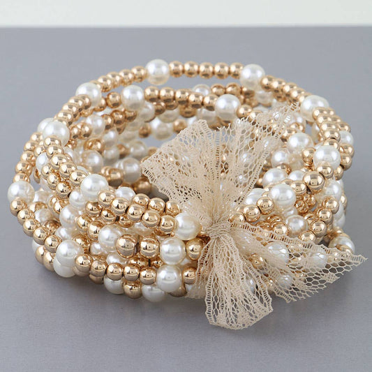Lace Ribbon Pearl Beaded Bracelet Set