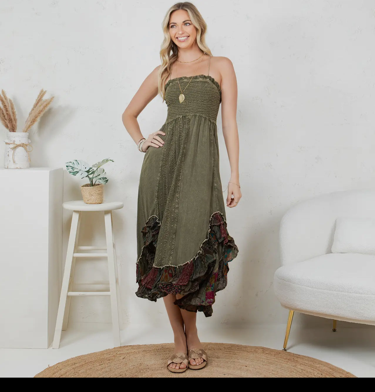 Sun-Kissed Patchwork: Smocked Bliss
Boho Mid-Length Dress