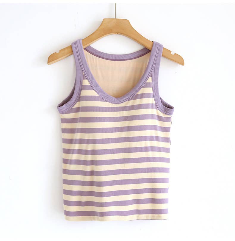 Contrast stripe scoop neck built-in bra tank top: Purple