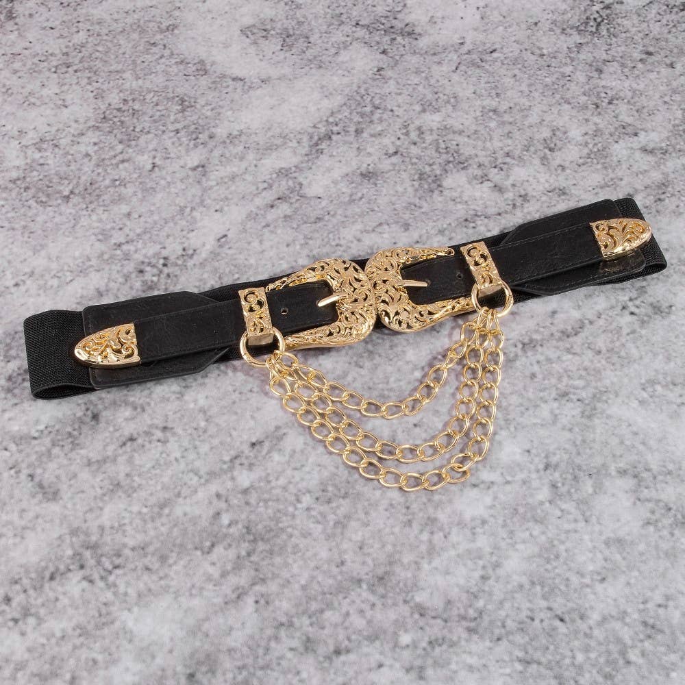 Double Buckle Chain Detail Vegan Leather Belt
