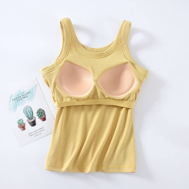 Athleisure built-in bra rib tank top: Yellow
