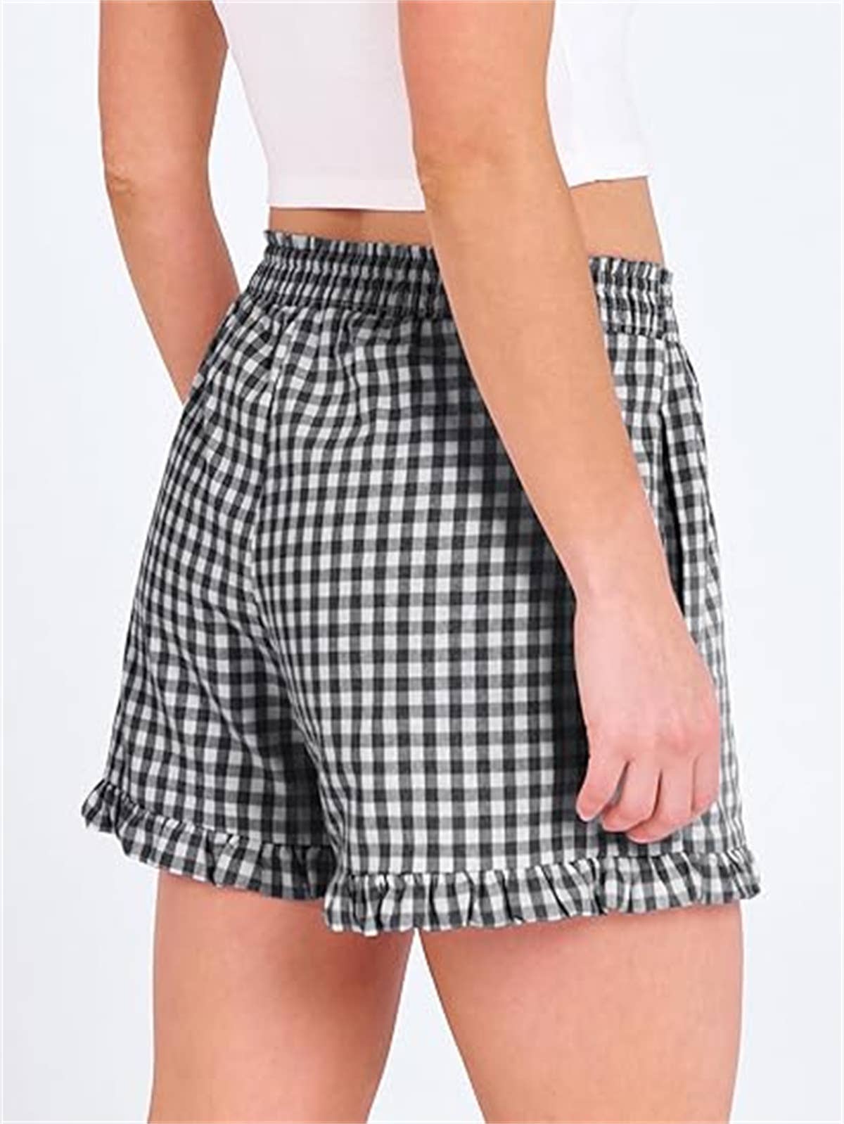 Beach Check Print Shorts Ruffle Casual Shorts: Black