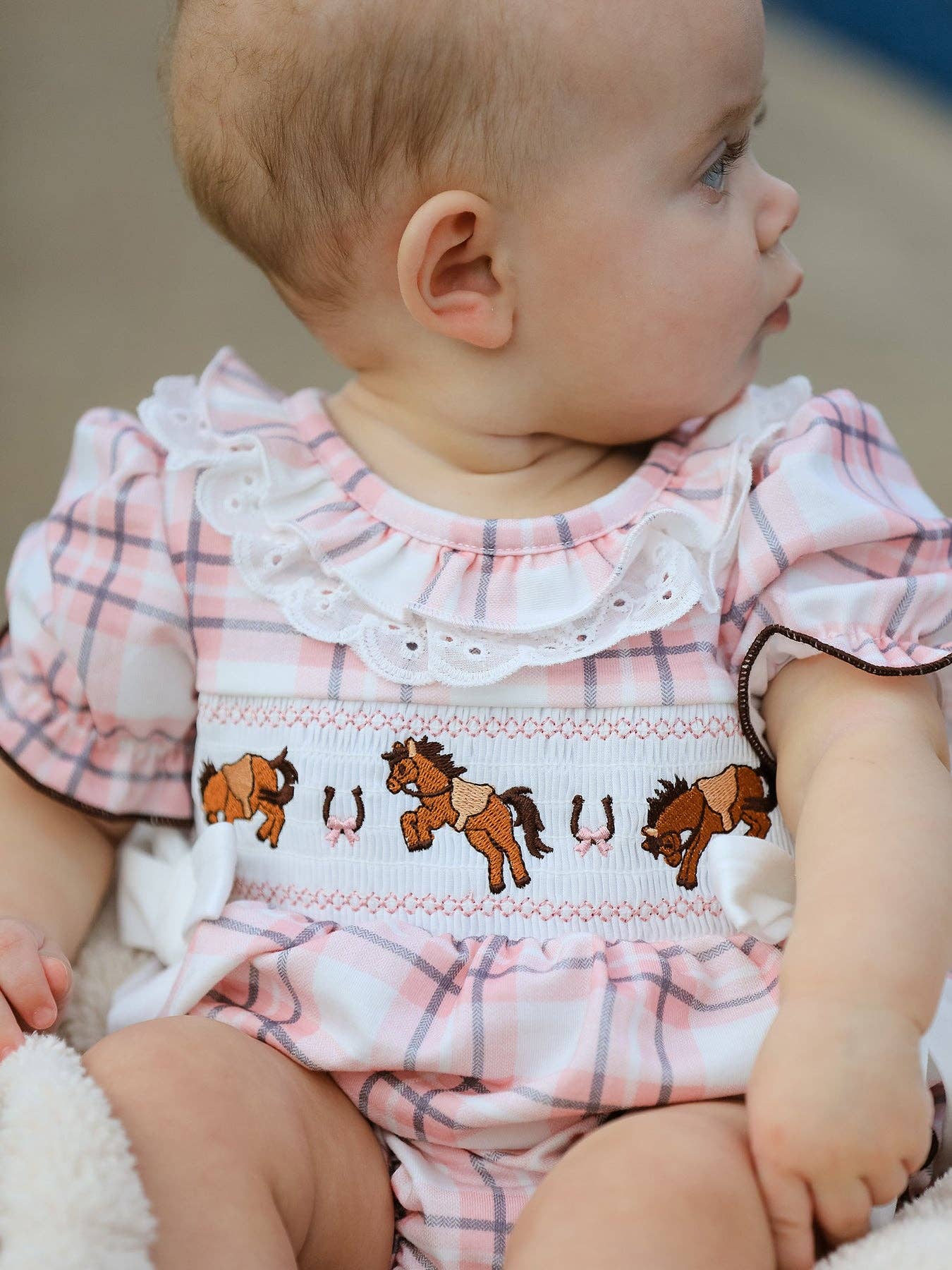 Western Horse Embroidered Smocked Plaid Baby Girl Romper