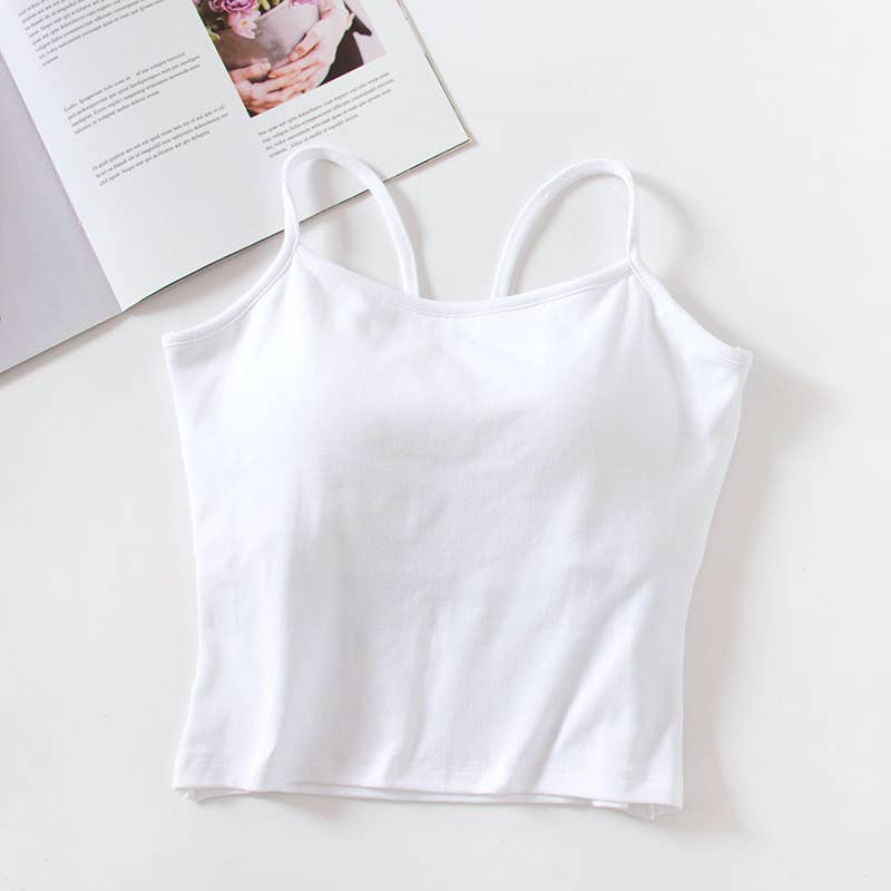 Cotton cutout built-in bra cropped tank top: White