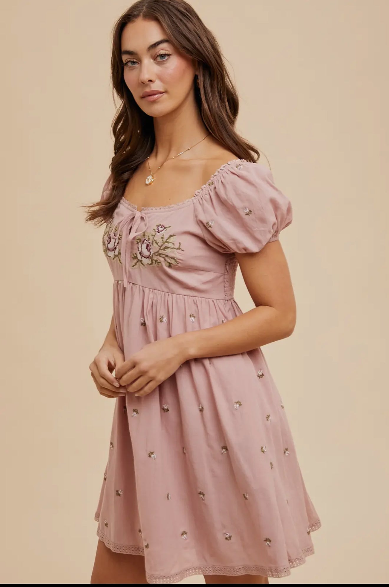 Cross Stitched Embroidered Babydoll
Mini Dress