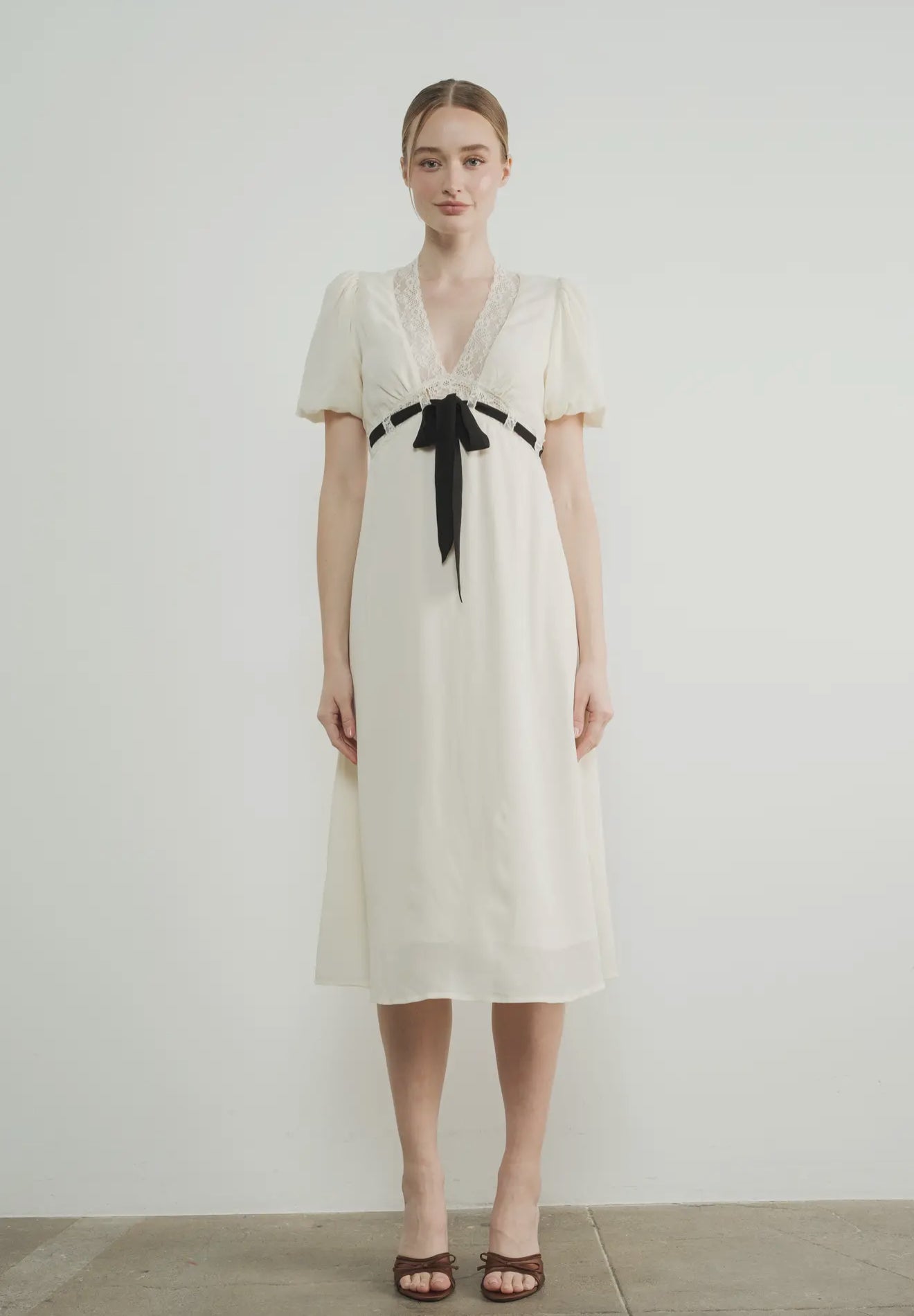 V Neck Lace Insert Midi Dress
with Bow