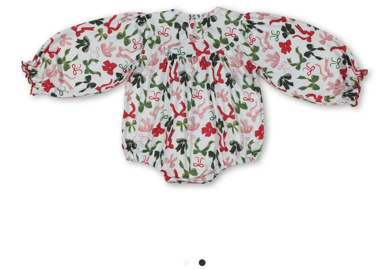 Red Green Bow Merry Christmas Smocked
Girls Romper