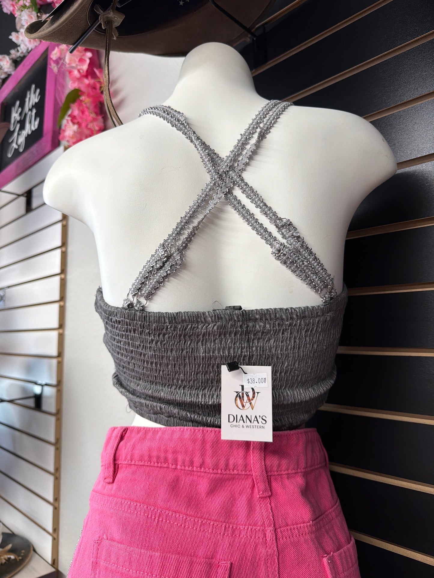 Adjustable cross strap lace crochet smock back bralette: CHARCOAL