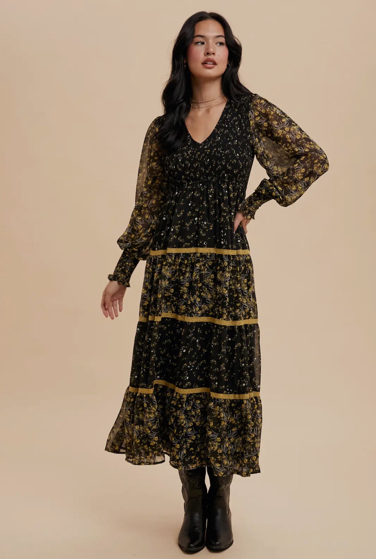 Mixed Media Smocked Floral Maxi