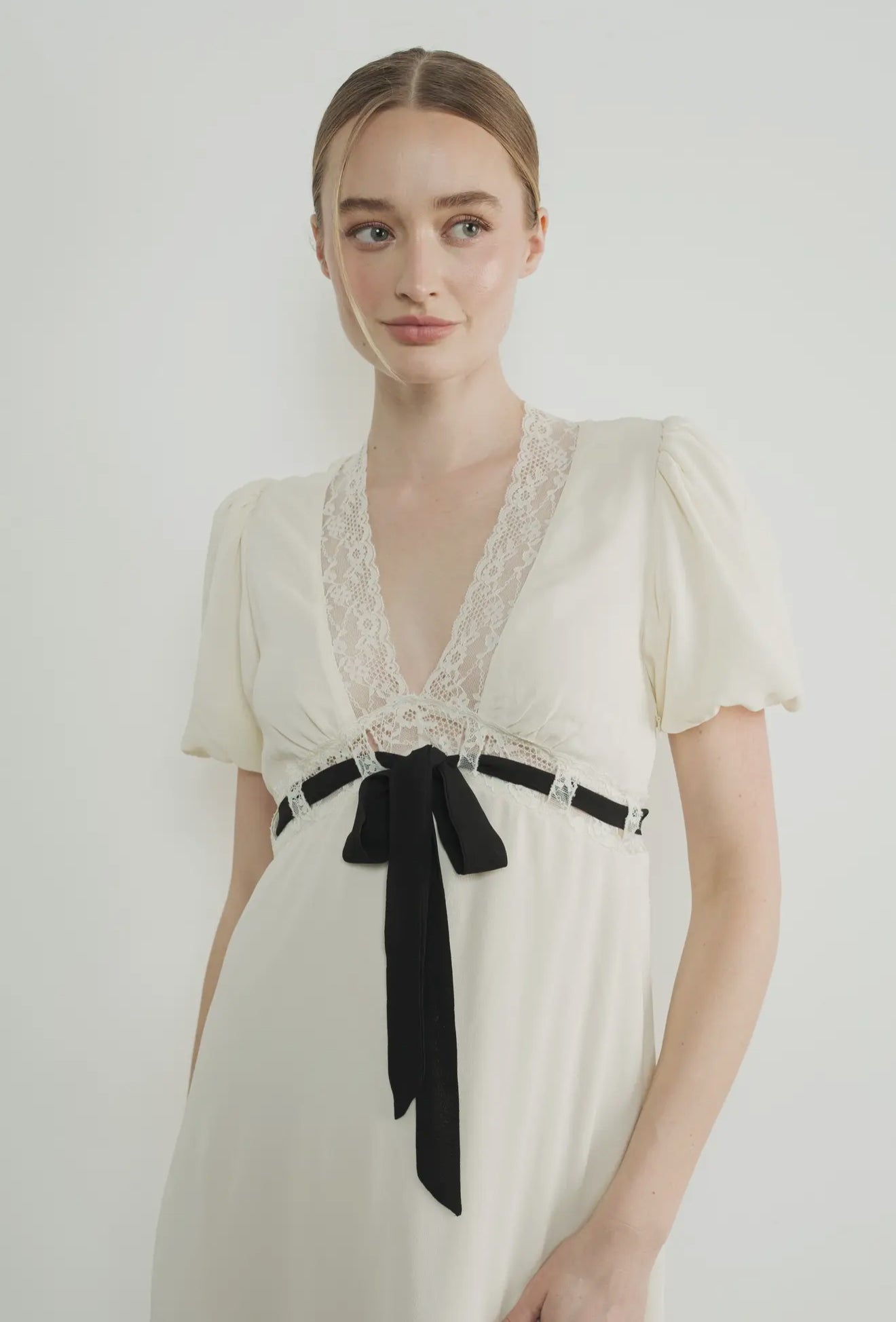 V Neck Lace Insert Midi Dress
with Bow