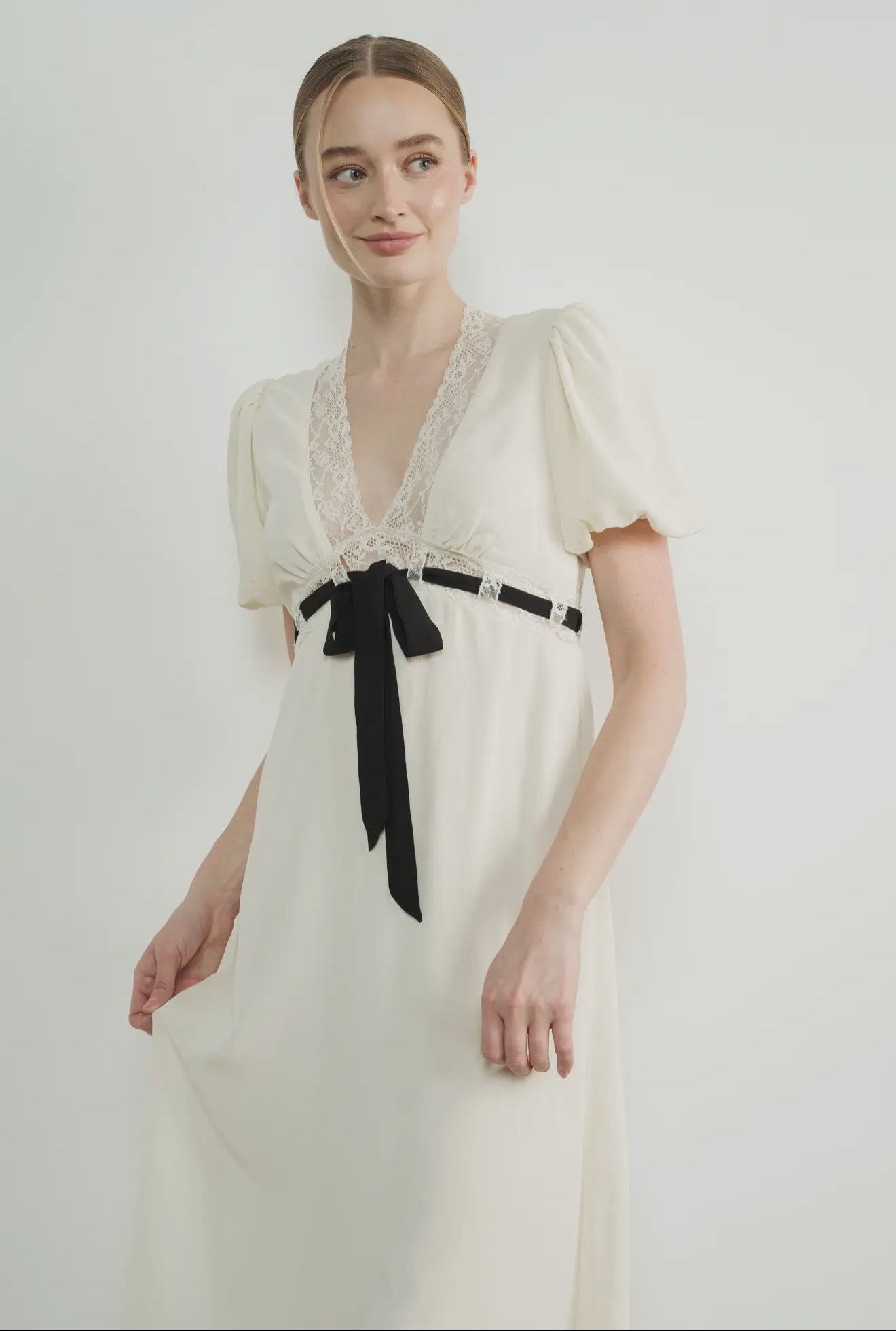 V Neck Lace Insert Midi Dress
with Bow