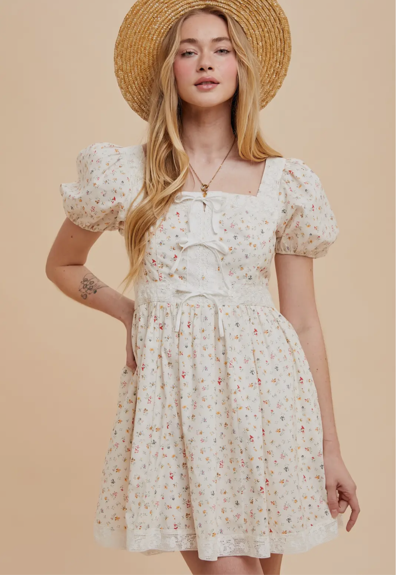Cotton Floral Bow Mini Dress