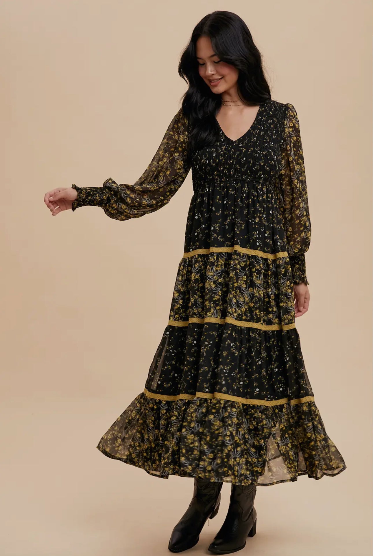 Mixed Media Smocked Floral Maxi