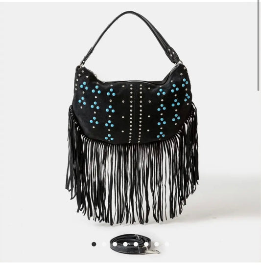 Studded Pattern Multi Fringe Hobo
Shoulder Bag