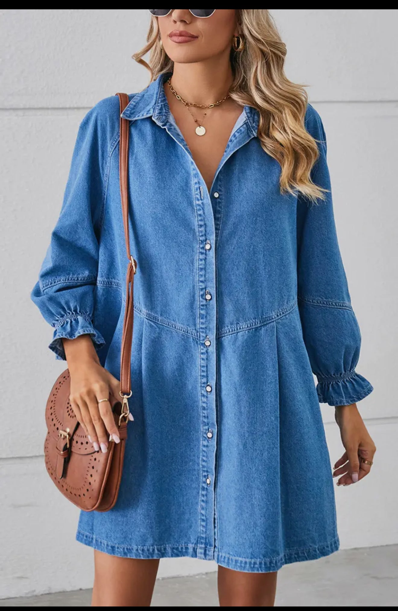 Loose Wash Long Sleeve Denim Single
Breasted Short Dress
