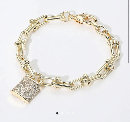 14K Gold Plated Cz Stone Paved Lock Charm Industrial Chain Link Bracelet