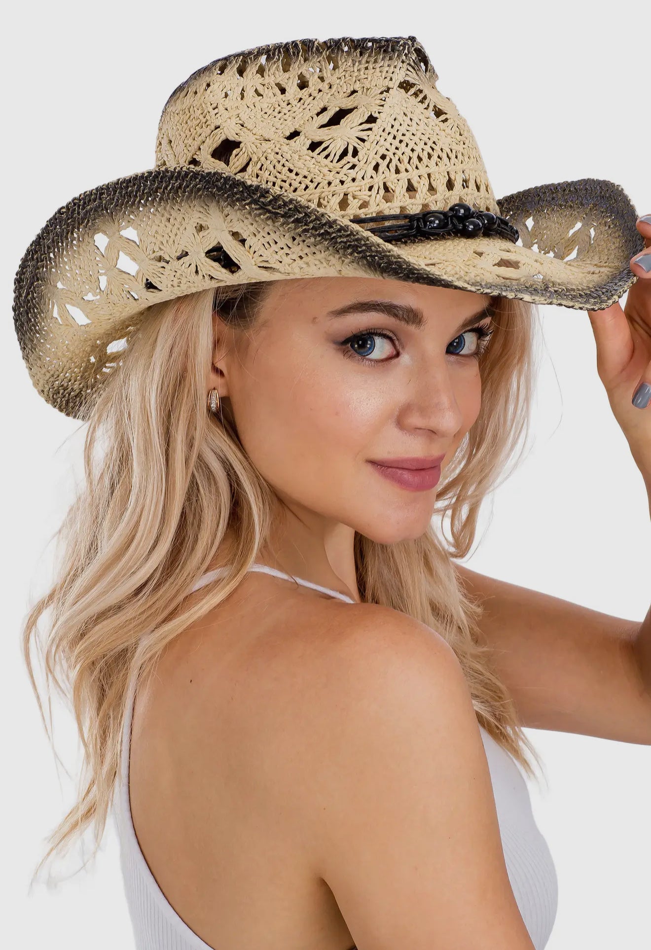 Lightly Beaded Vintage Burnt Crochet
Straw Cowboy Hat