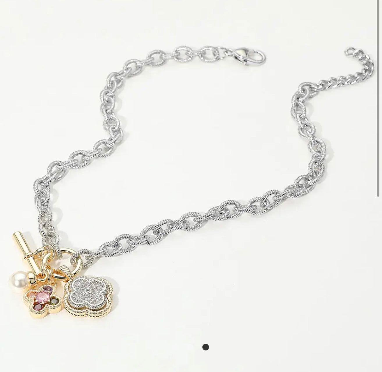 14K Gold Plated Two Tone Cz Stone Paved Quatrefoil Pearl Charm Pendant Necklace