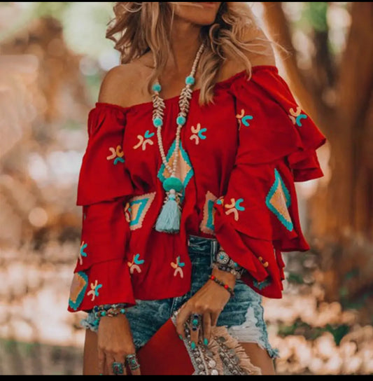 Boho Print One-Shoulder Long-Sleeved
Pullover Top